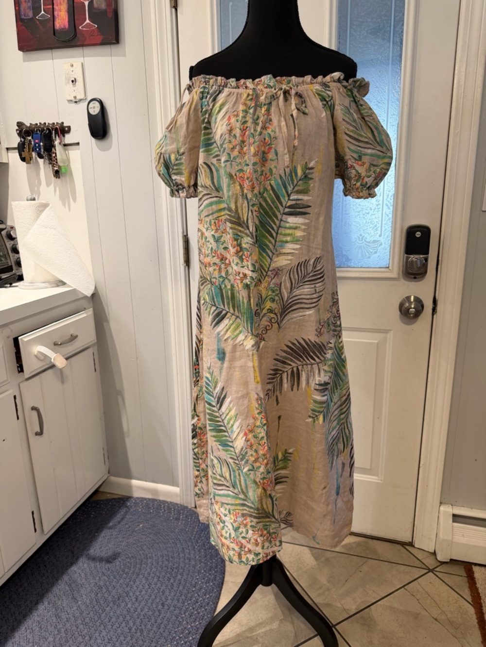 Valentina Beige Off-Shoulder Midi Dress with Tropical Leaf Print